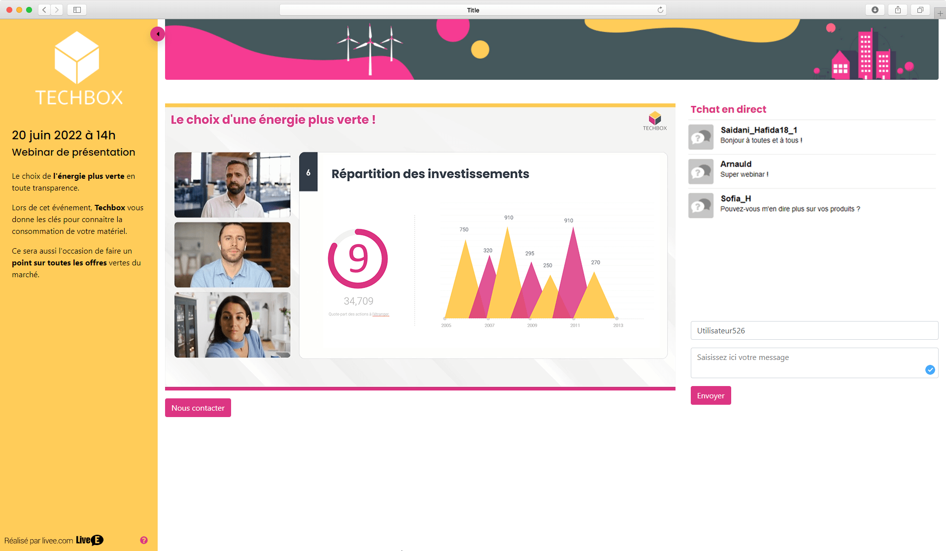 Plateforme de webinar LiveE avec fil de tchat