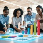 Equipe de communication qui révise le budget événementiel grâce à l'IA