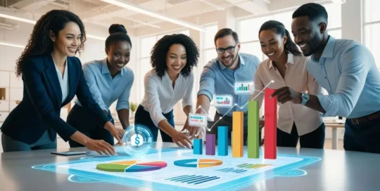 Equipe de communication qui révise le budget événementiel grâce à l'IA