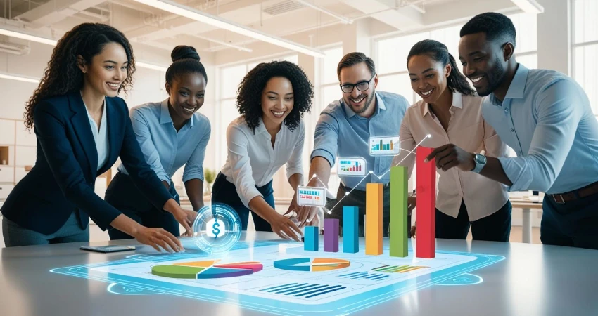 Equipe de communication qui révise le budget événementiel grâce à l'IA