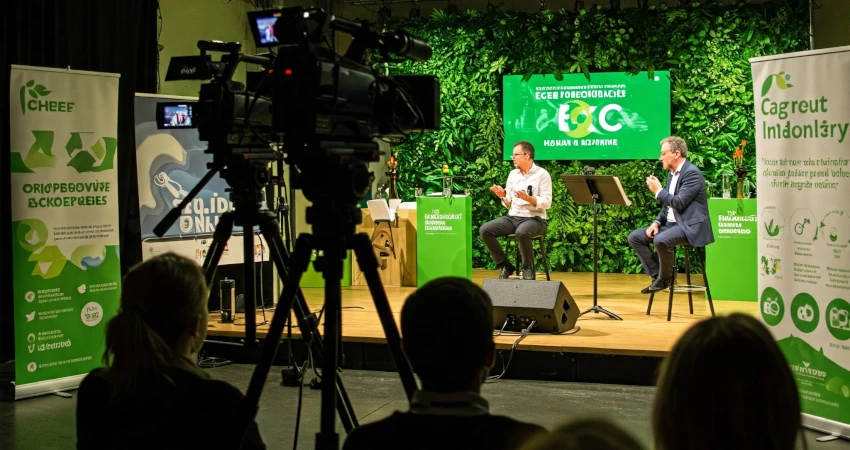 Photo d'un événement en présentiel, professionnel avec un bilan carbone réduit. Des caméras filment l'événement. Le décor est vert. L'écran sur scène et les kakémono présent sur place comportent un visuel éco responsable.