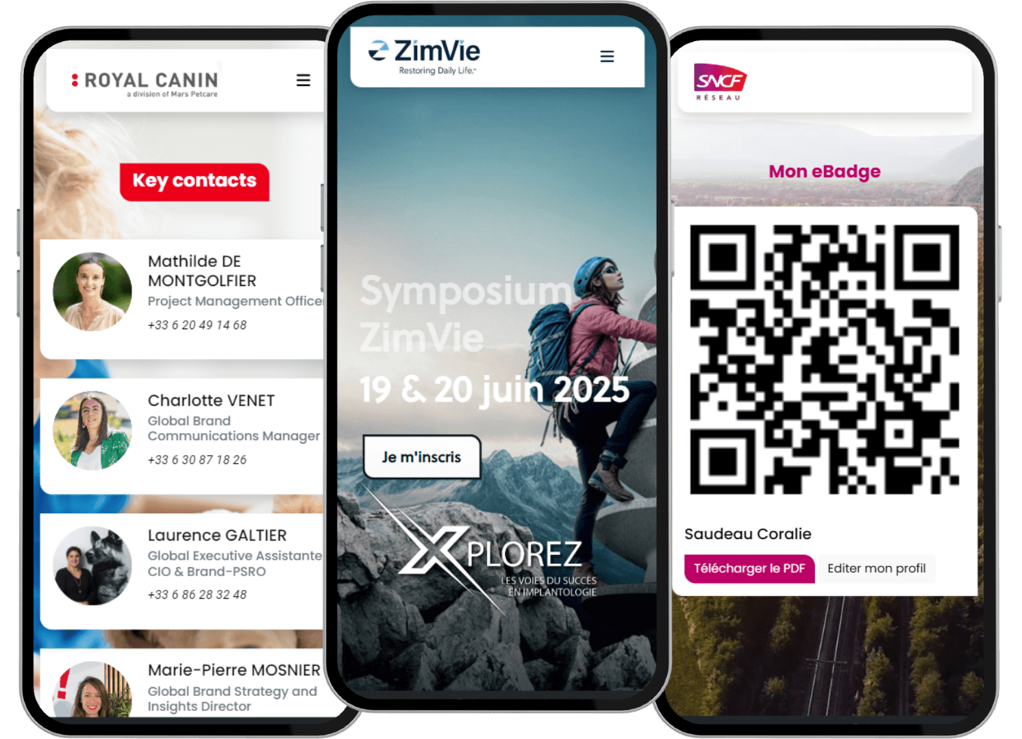 Pages d’une application événementielle présentées sur des téléphones : intervenants, page d’accueil et qr code.