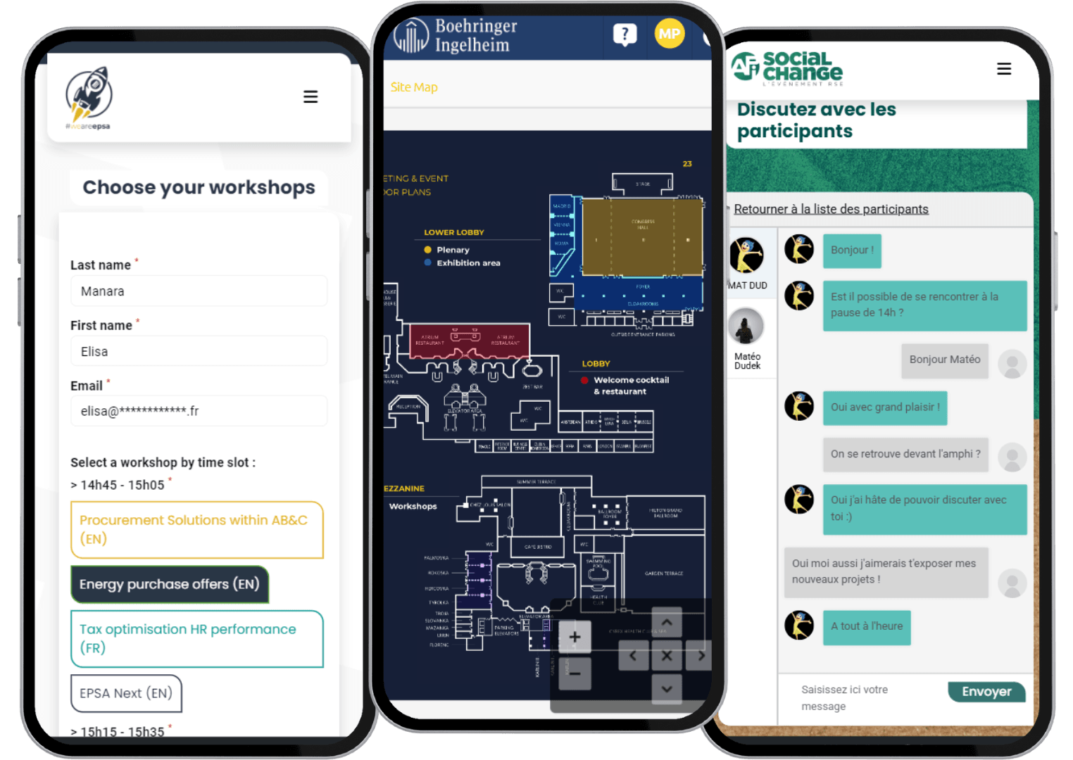 Pages d’une application événementielle présentées sur des téléphones : profil, plan et networking