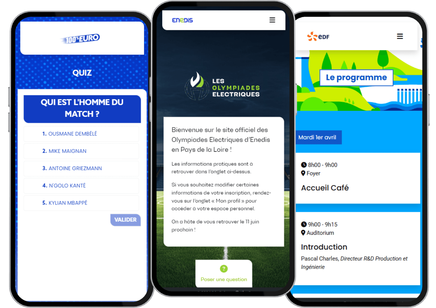Pages d’une application événementielle présentées sur des téléphones : quiz, accueil, programme.