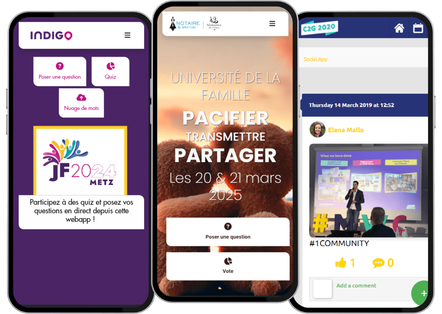 Interactivités d’une application événementielle présentées sur des téléphones