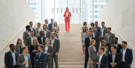 6 clés pour vous démarquer lors d’un événement en ligne à forte concurrence Escalier, avec beaucoup de monde en tenue professionnelle en bas et une femme habillée en rose en haut de l'escalier, qui se démarque lors d'un événement professionnel concurrentiel