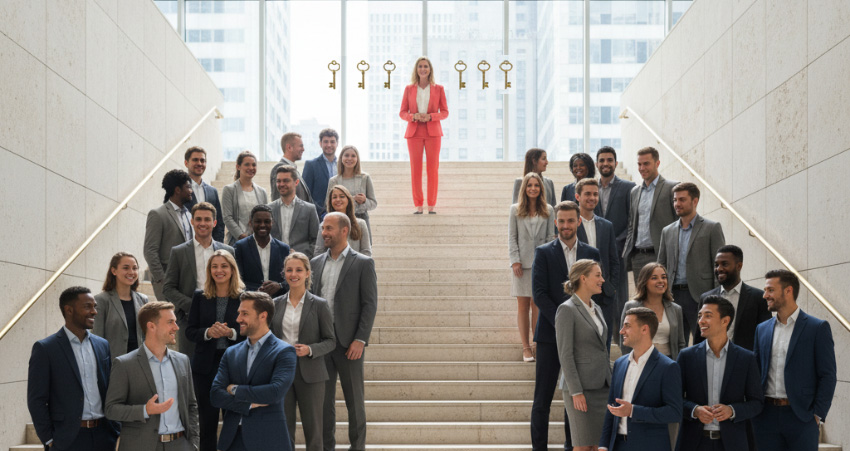 Escalier, avec beaucoup de monde en tenue professionnelle en bas et une femme habillée en rose en haut de l'escalier, qui se démarque lors d'un événement professionnel concurrentiel