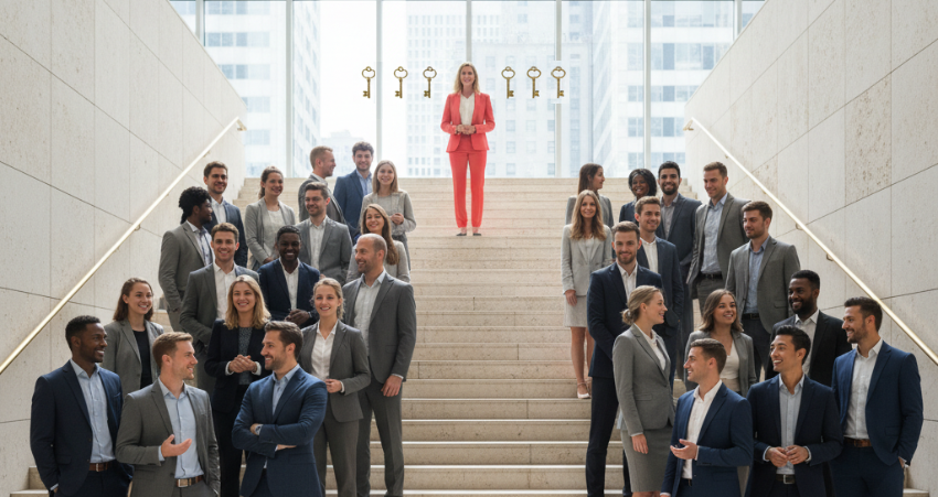 6-cles-pour-se-demarquer-lors-dun-evenement-concurrentiel Escalier, avec beaucoup de monde en tenue professionnelle en bas et une femme habillée en rose en haut de l'escalier, pour se démarquer lors d'un événement professionnel concurrentiel