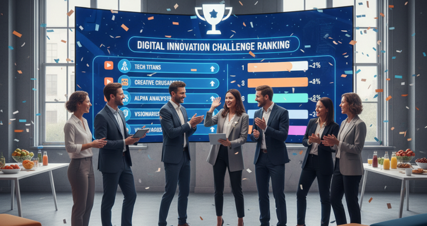 Un groupe d'employés devant un écran qui affiche les résultat du concours digital interne réalisé
