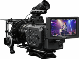 Une caméra vidéo professionnelle avec un grand écran d'affichage montrant une personne en train de parler sur scène devant un public. La caméra est équipée de multiples boutons et d'un viseur, indiquant une utilisation pour des productions de haute qualité.