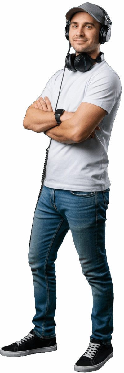 Un technicien audiovisuel souriant porte un casque audio professionnel autour du cou, habillé d'un t-shirt blanc, d'un jean bleu et de baskets noires. Il croise les bras et porte une casquette grise, affichant une attitude décontractée.
