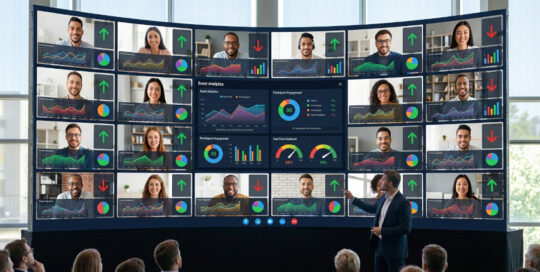 Ecran géant, sur lequel apparaît plusieurs vidéos de personnes en visio, dans un cadre professionnel. Sur ces vidéos, apparaît également des graphiques représentant la mesure du ROI des événements digitaux.