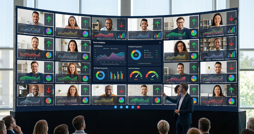 Ecran géant, sur lequel apparaît plusieurs vidéos de personnes en visio, dans un cadre professionnel. Sur ces vidéos, apparaît également des graphiques représentant la mesure du ROI des événements digitaux.