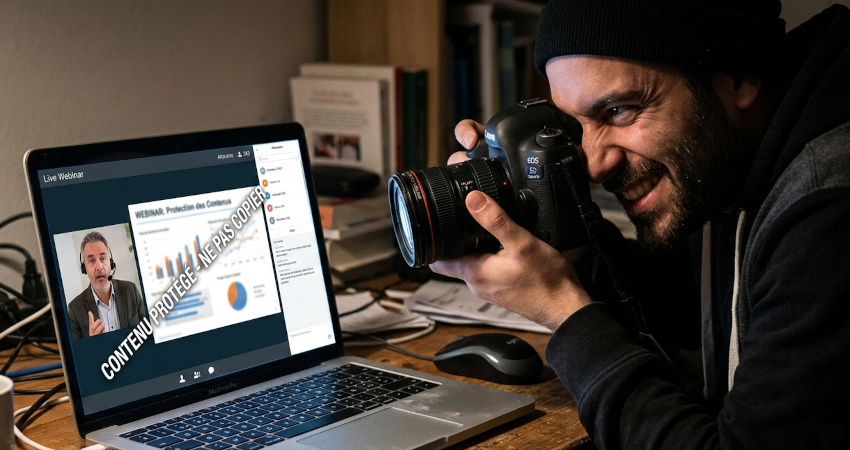 comment-securiser-le-contenu-de-vos-webinars Un ordinateur diffuse un webinar, avec un intervenant et des slides protégées par un filigrane. Un homme se tient devant l'écran, avec un appareil photo en main. Il prend en photo l'écran d'ordinateur. L'image illustre l'article : comment sécuriser son webinar