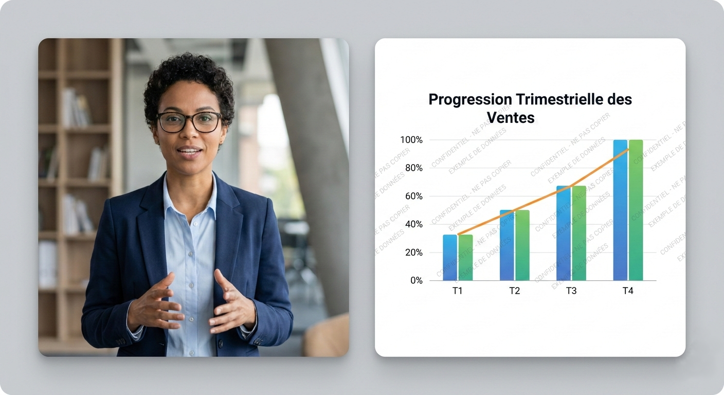 filigrane-webinar Deux images côte-côte. Sur la première image, on voit un professionnel, en train de parler face caméra. Sur la deuxième image, on voit un seul graphique sur fond blanc, et protégé par un filigrane pour le sécuriser.